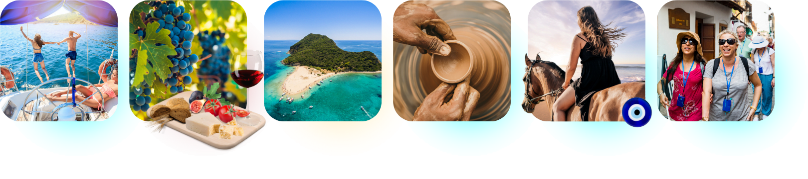 experience tiles featuring blue caves, friends on a cruise, shipwreck beach, a vineyard, clay making, horse riding and a tour guide in Zakynthos island