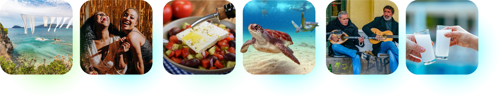 experience tiles featuring cameo island, friends having fun, greek salad, a caretta - caretta turtle, musicians playing traditional organs and ouzo