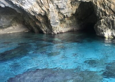 Aqua blue water in the world famous sea caves on Zakynthos island.