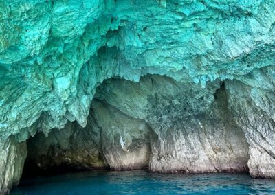 Blue reflections on the cave wall and ceiling from which the Blue caves of Zakynthos get their name.