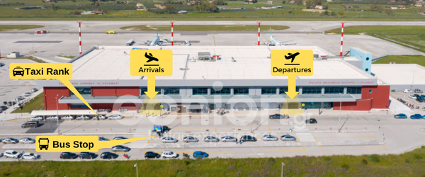 Getting a taxi or bus from Zakynthos Airport Dionysios Solomos ZTH. An infographic map showing the departure and arrival Gates of the Airport in Zakynthos, the taxi rank and the bus stop of KTEL.