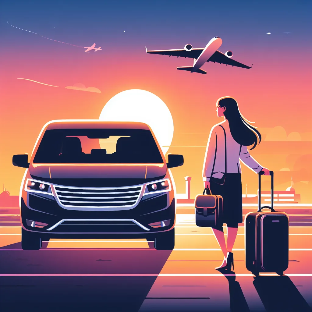 Illustration of a woman waiting to be picked up with a luxurious black minivan from ZTH Airport in Zakynthos