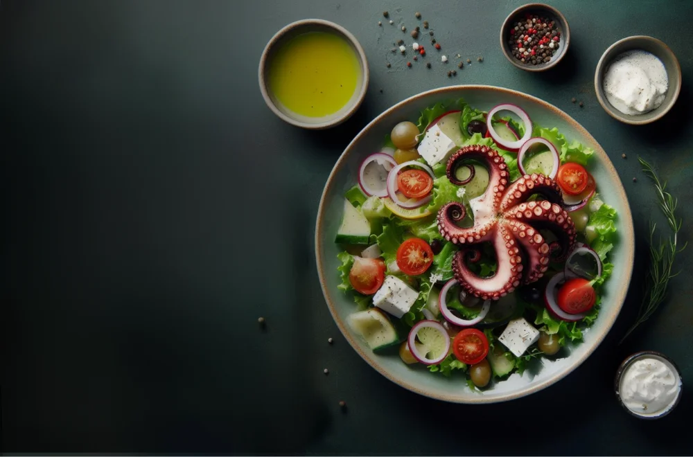 Greek salad on a plate with octopus