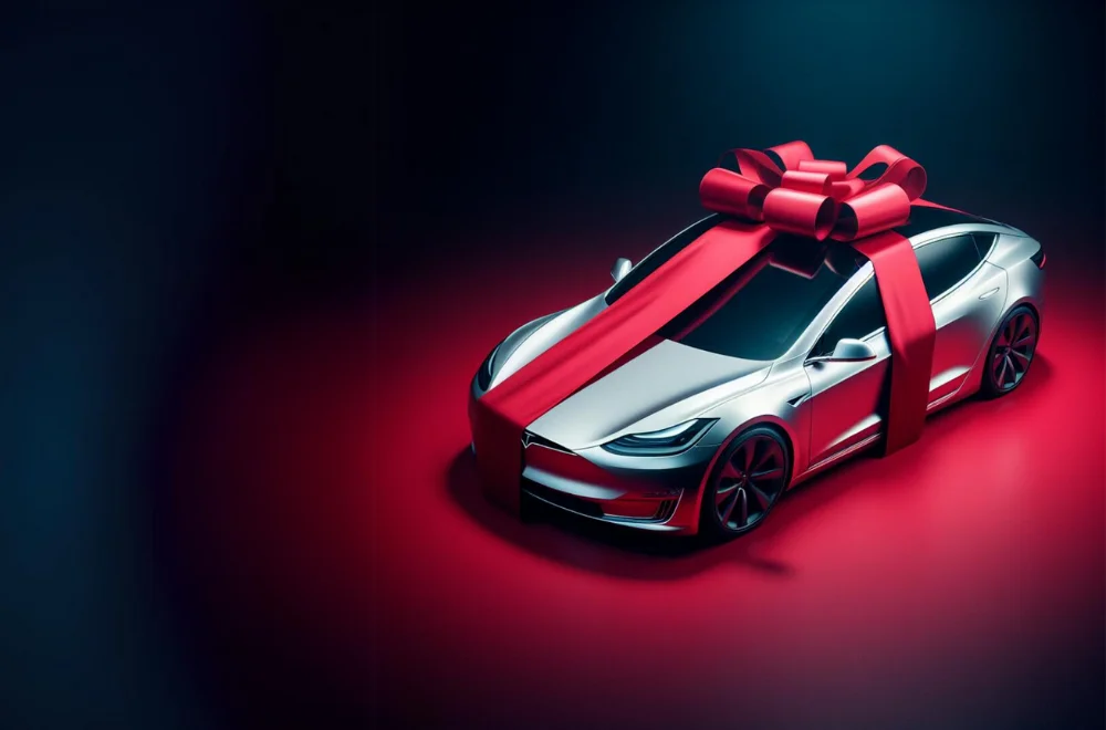 Luxury car wrapped with a red ribbon