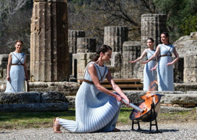 Flame starting from the sun rays in ancient Olympia Greece