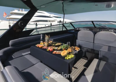 Dishes with fruits and snacks in this Yacht