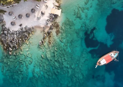 aerial photo of drone, the tirquise waters outside nobelos bio restaurant in zakynthos
